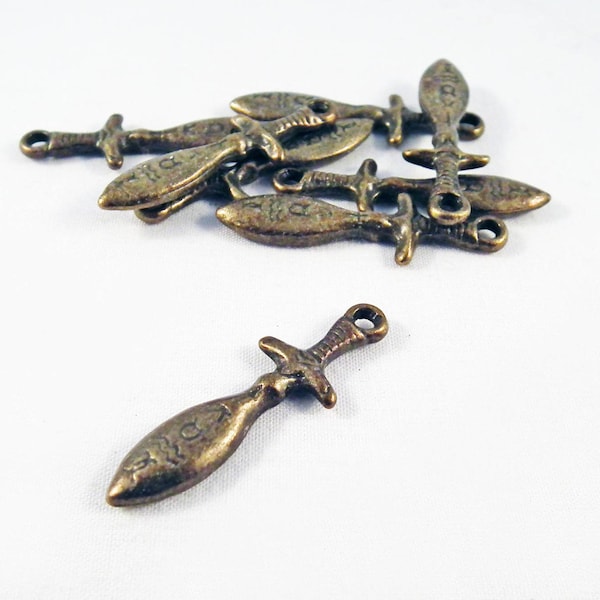 Set of 2 Pendants Charm Sword Knife Sabre patterned Tribal Egyptian Totem Knife Weapon Bronze,