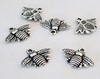 BMN67 - 6 Breloques Pendentifs Abeille Ruche Miel Argent Vieilli motifs rayures ailes plumes, 20x15mm