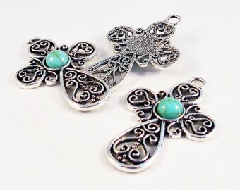 BP118 - Pendant Cross Lace Retro Bead Cabochon Howlite Silver Metal with Ram / Lace style Cross Pendant Turquoise Cameo Silver