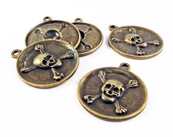 BP138 - 2 Breloques Médaillon Steampunk Pirate Tête de Mort Crâne Punk Bronze / 2 Pcs Antiqued Bronze Skeleton Skull Head Medal Pendants