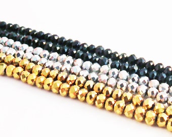 SW02 - Perles Précieuses Verre Abacus Facettes Argent Doré Noir / Glass Faceted Swarovski Crystal Rondelles Precious Beads Silver Gold Black