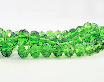 PSM21 - 100 Precious Pearls in Crystal Glass Rounded Green Facets 8X6mm / 100 Pieces Green Glass Crystal Faceted Beads.