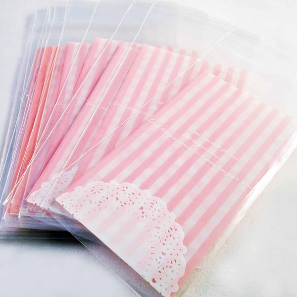 AD63-set of 50 plastic pouch pouches self adhesive pink lace peach white