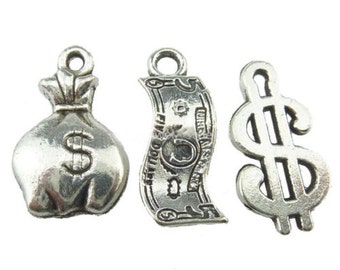 BCP92 - Breloque 3 motifs au choix Billet Signe Dollar Sac Fortune Argent / 1 Piece 3 styles to choose Money Dollar Bank Bill Bag Charm