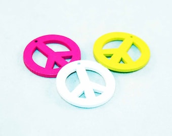 PBB25 - Lot de 3 Breloques Pendentifs en Bois Signe de Paix "Peace and Love" Blanc Rose et Jaune