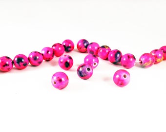 INV19 - Lot de 25 Perles en Verre Rose Fuchsia Mauve Reflets Doré Scintillant à Motifs Abstraits de 10mm