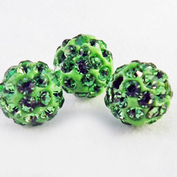 PSM28 - Lot of 9 Pearls Round 10mm in Shamballa Crystal with Green Strass / 9 Pieces 10mm Crystal Shamballa Beads Disco Balls Green.