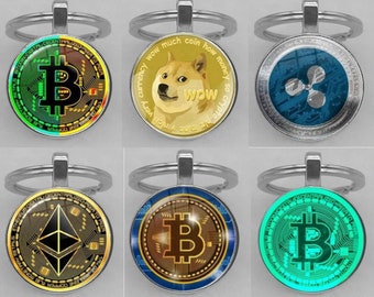 A1122E - Keychain Charm Pendant cryptocurrency decentralized Bitcoin Doge Dogecoin Coin Ripple Ethereum golden silver green blue