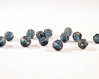 INV42 - 40-Sterling-Perlen-Stapel Alt Blau Aschengelöst Vintage semi transparent 6mm Facetten