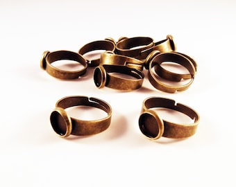 CBC07 - Supports Adjustable Ring Antique Bronze or Silver Shiny Cabochon Tray 8mm / Bronze Gold Silver Adjustable Rings Cabochon Tray 8mm