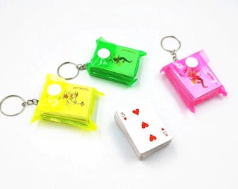 A1222C - Keychain Miniature playing cards poker Casino Gambling Blue Pink Green Yellow / Cute Mini playing cards deck Keychain