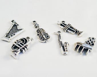 ALB1 - Charms Harp Horn Violin Saxophone Trombone Piano Music Instrument Orchestra Silver / Horn Violin Guitar Music Orchestra Pendant