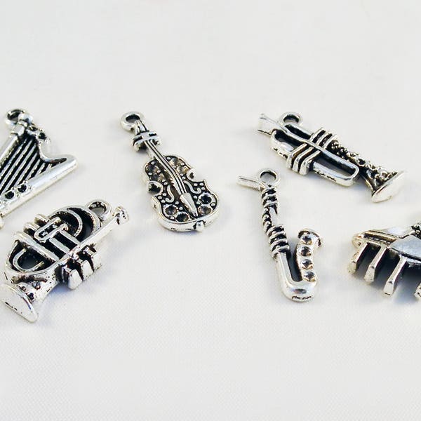 ALB1 - Breloques Harpe Cor Violon Saxophone Trombone Piano Musique instrument orchestre Argent / Horn Violin Guitar Music orchestra Pendants