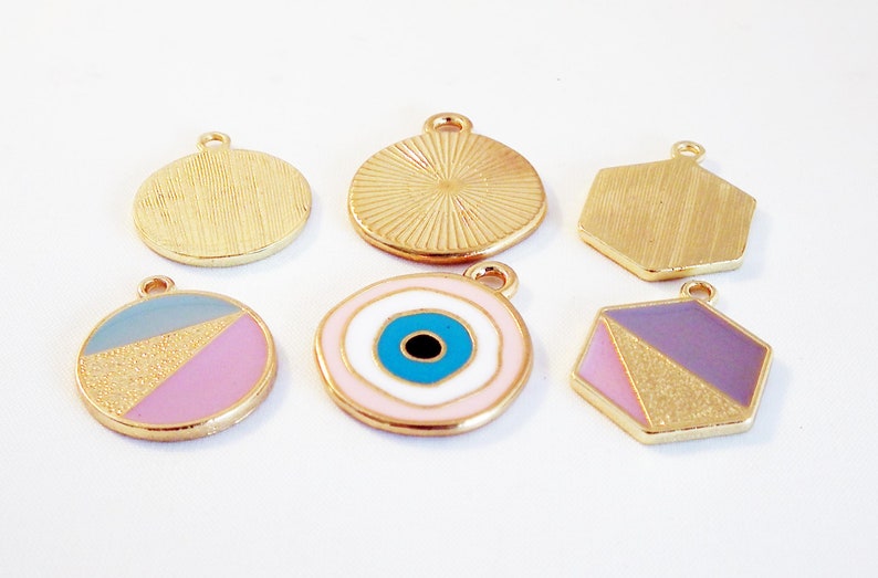 D3 Set of 2 charms pendants gold tone and enamel shapes abstract 2 PCs Gold Metal and Enamel Charms Pendants Abstract shapes