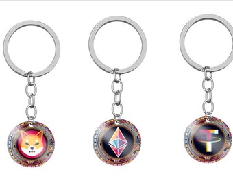 A1122T - Porte-Clé Breloque Pendentif crypto cryptomonnaie décentralisée Shiba Ethereum Tether USDT argent rose coloré