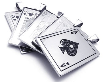 Pendentifs Acier Poker Carte à Jouer As de Pique ou Roi Dame Valet Dix de Coeur / Steel Playing Card Poker Pendants Ace King Queen Jack Ten