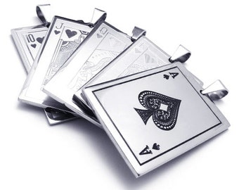 May include: A set of five silver-toned pendants featuring playing card designs. The pendants are shaped like playing cards and feature the ace of spades, jack of hearts, queen of hearts, ten of hearts, and a blank card. The pendants are all connected together by a silver chain.