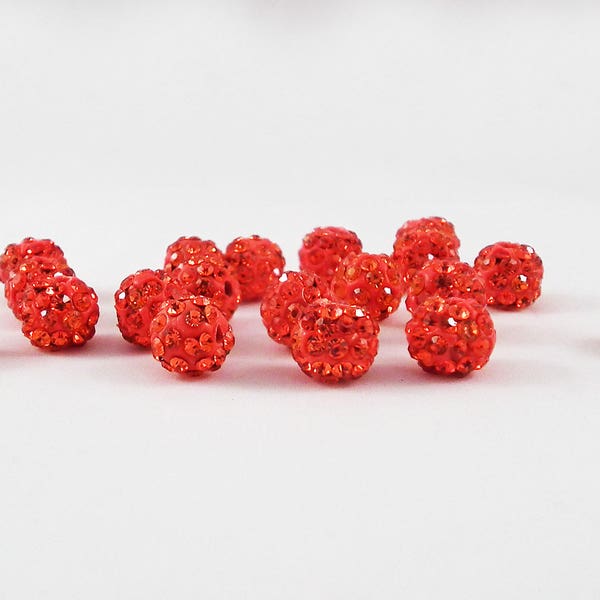 PSM41 - Lot of 6 Pearls Round 8mm Crystal Disco Shamballa Red Strass Reflections Orange Electric Glitter