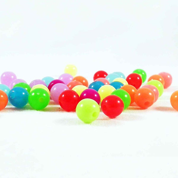 PD19 - Lot of 100 Pearls in Mixed Color Resin Pop Neon Fluo, 6mm in diameter / 100 Pieces Acrylic Beads, Neon Flashy Mixed Colours