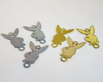 B10 - Thin filigree connector charms Rabbit pattern Silver Gold / Silver or Gold thin aluminum Sexy Playboy Bunny pendant connectors