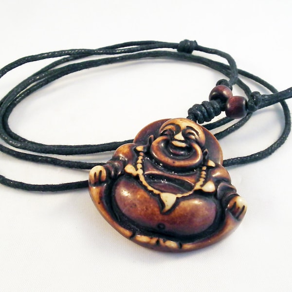 BZ00C Necklace Happy Buddha Pendant Smiling Yoga Brown Coconut / Lucky Happy Happy Smiling Buddha Prosperity During Necklace Wax Cord