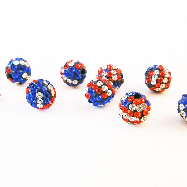 PSM54 - Pearls 10mm Crystal Shamballa Strass tricolor USA France / 10mm Crystal Shamballa Beads Disco United States flag blue white red