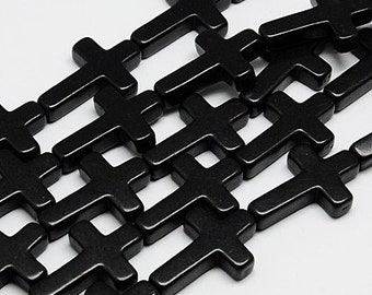 P0121Y - Set of 10 Beads Cross Connectors in Turquoise Howlite Black 16mm 20mm 30mm / 10 Pieces Black Synthetic Turquoise Beads Dyed Cross
