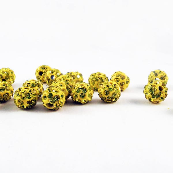 PSM42 - Lot of 6 Pearls Round 8mm Crystal Disco Shamballa Strass Yellow Reflections Golden Electric Glitter