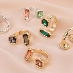 A1222F - Bague Fashion Ajustable plaqué Argent ou Doré Or Motifs irréguliers asymétriques style rétro pierre imitation cristal