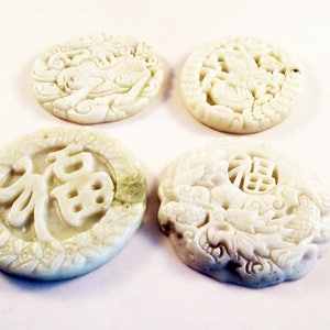 ALZ7 - pendant carved Beige Jade Mandarin calligraphy Asian Dragon hand / Hand Carved White Jade Amulet Asian Calligraphy during