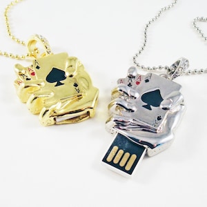 REF28 - USB Key Pendant Skeleton Hand and Quad Aces Poker Spades Golden Silver / USB Key Silver Gold Skeleton Skull Hand Casino Quad Aces