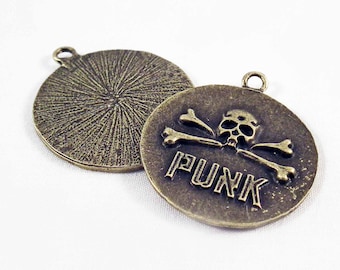 BP26 - Breloque Pendentif Médaillon Réversible Tête de Mort Crâne "Punk" Bronze / Vintage Bronze Reversible Skeleton Skull Medal Medallion