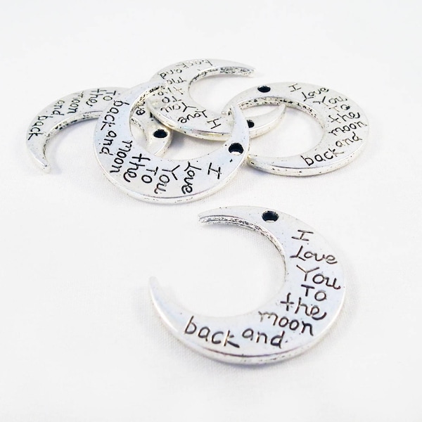 BD60 - 5 Modèles Pendentif Breloque Demie Lune Amour gravure "I love you to the moon and back" Chat Coeur Soleil Ajouré en Argent Vieilli