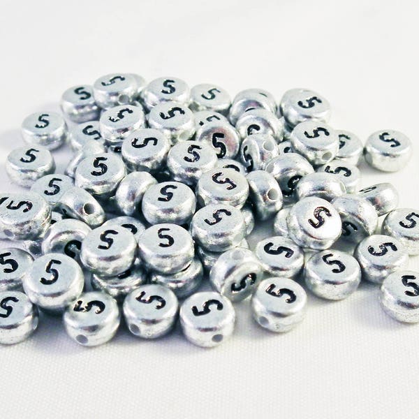 NL11 - Lot de perles Chiffre Numéro 5 diamètre de 7mm de couleur Argent Métallique