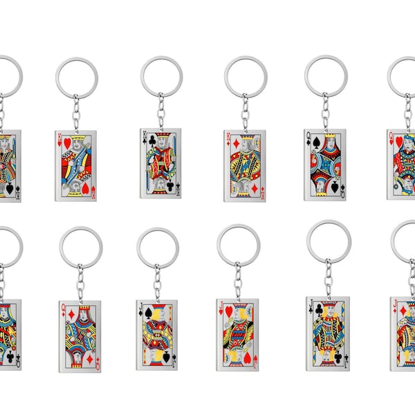 A2301P - Porte-Clés Acier Inoxydable Argent Roi Dame Valet Pique Coeur Carreau Trèfle Poker Cartes / Stainless Steel Cards Casino Keychain