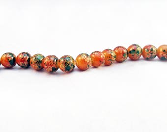 INV145-15 rare 8mm glass beads abstract pattern Orange green olive stripe Brown speckled.