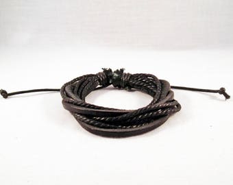PU96 - 1 Support Bracelet simili cuir et corde tressé multi rangs ajustable noir