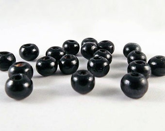 PD13 - Lot de Perles Rondes en Bois Peint Noir de 4mm ou 8mm de diamètre / Vintage Black Wood Beads 4mm or 8mm diameter