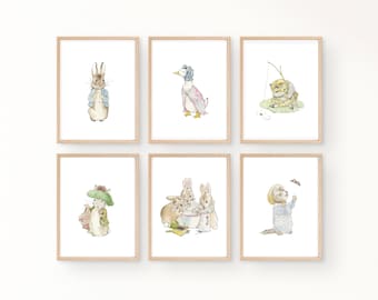 Set van 6 Beatrix Potter kinderkamerkunstafdrukken. Beatrix Potter downloadbare prenten. Peter Rabbit downloadbare prenten. Beatrix Potter beeldende kunst