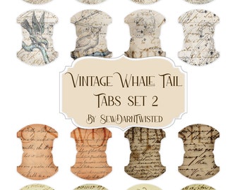 Vintage Whale Tail Tab Digital Set for Junk Journaling, Scrapbooking and Collage Crafts  Set 2 - 16 Tabs