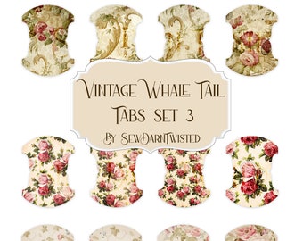 Vintage Floral Roses Whale Tail Tab Digital Set for Junk Journaling, Scrapbooking and Collage Crafts  Set 3 - 16 Tabs