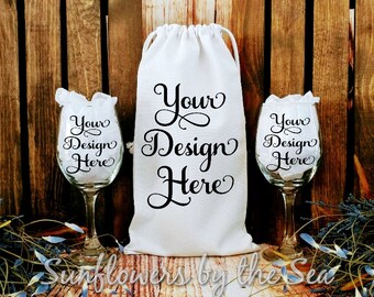 Download Free Mockup * Wine Bag * Wine Glasses * White Cotton Canvas * Blank * Photo PSD Template