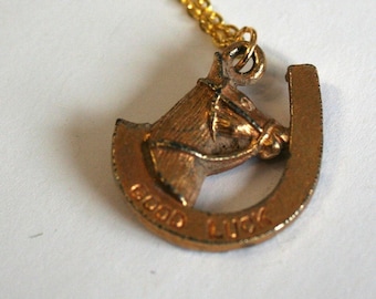 Vintage good luck charm pendant necklace, gold horse shoe pendant, vintage horse shaped pendant