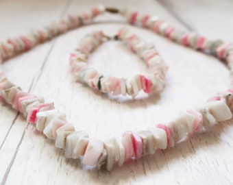 80s shell bracelet and necklace, pink shell Necklace, pink shell Bracelet, pink shell Jewellery Set