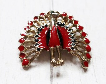 Vintage peacock enamel brooch, vintage red peacock brooch, vintage gold peacock pin