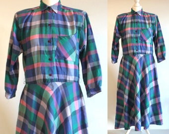 80s blue checked rockabilly dress, blue plaid dress, tartan tea dress, button up shirt dress