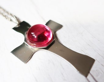 Vintage 60s cross pendant, vintage pink stone pendant, pink stone necklace, 1960s metal necklace