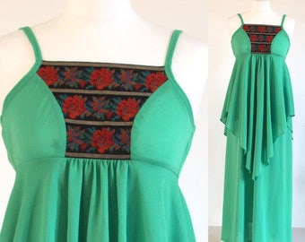 Green 70s maxi dress, bright apple green disco party dress, green vintage hippy peasant dress