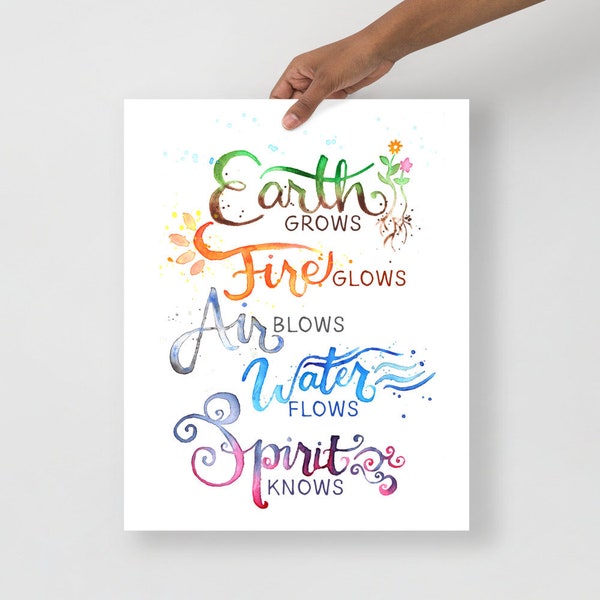 Handlettered Watercolor Poster | Earth Air Fire Water Spirit wall art, colorful art print, watercolor painting, watercolor art print