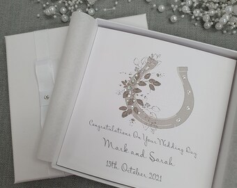 Personalized Wedding Day Card, Handmade Keepsake Box, Horseshoe Design